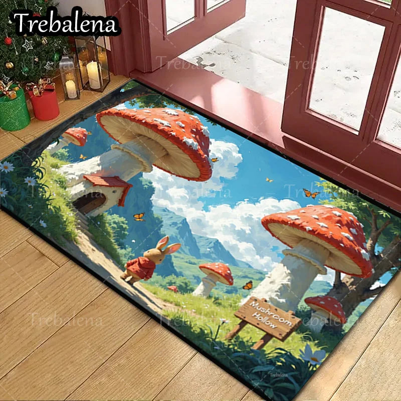 1pc Welcome Door Mat with Enchanted Forest and a Rabbit. Welcome Mat For Home Decor