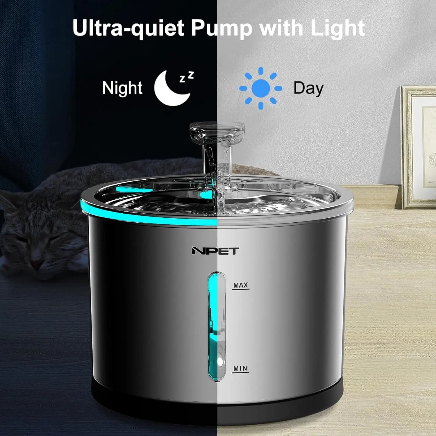 Cat Water Fountain. Stainless Steel, 50oz/1.5L, Dishwasher Safe. Pet Water Fountain with Visible Window Light for Cats