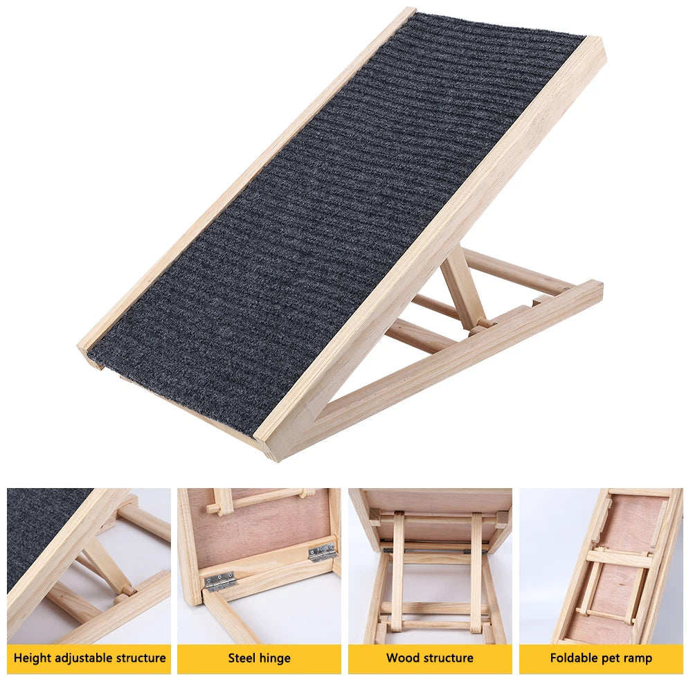 Dog Wooden Ramp with Adjustable Height. Folding Portable Ramp with Anti-Skid and Wear-Resistant Horizontal Slope Surface