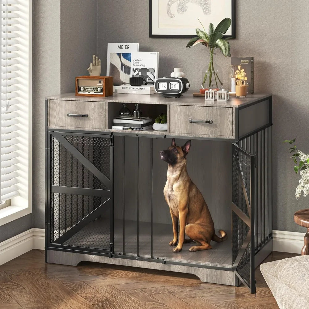 Dog Crate Furniture for Large Dogs with 2 Drawers, 44" Metal