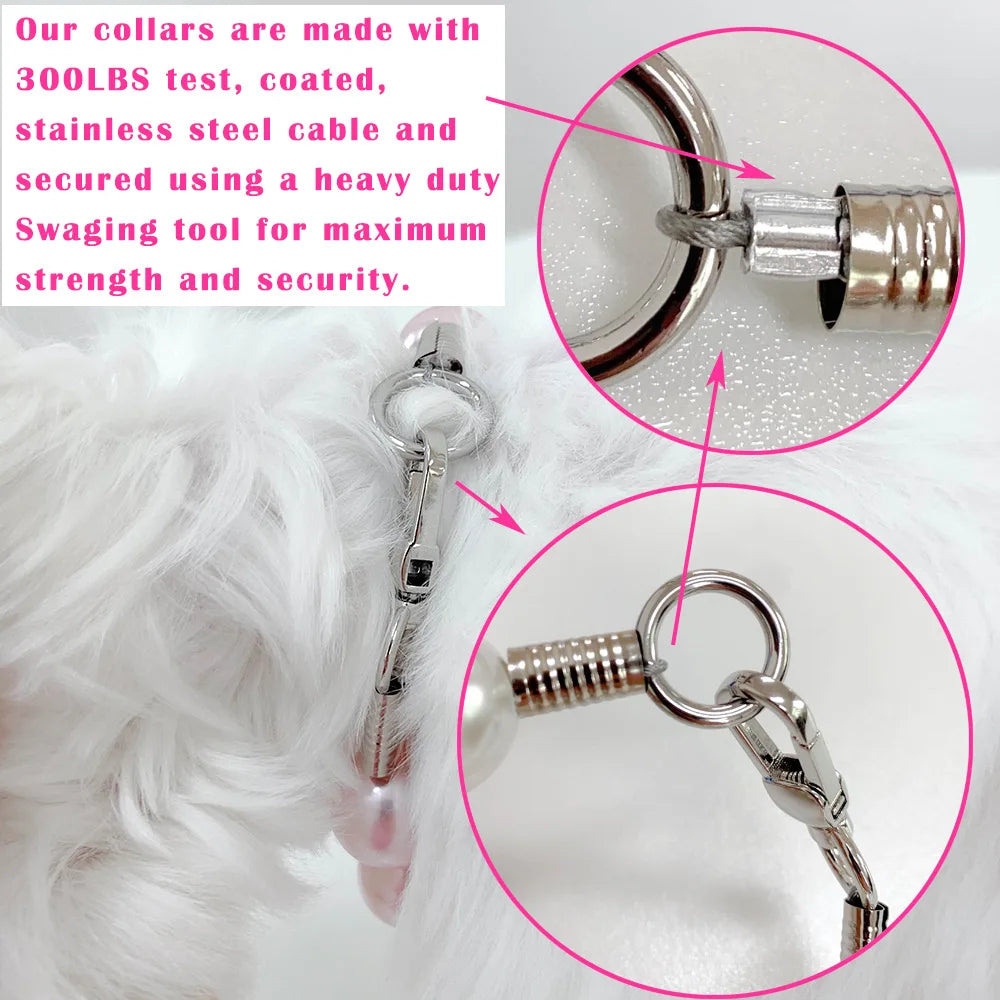 0.7" Imitation Pearl Big Dog Collar Lightweight Necklace for Large Dogs Stainless Steel Wire Rope Girl Pet Wedding Accessories