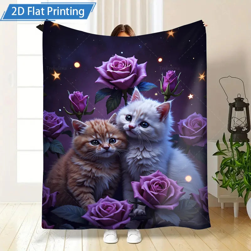 1pc Flannel Blanket with Cute Cats and Purple Roses over a Night Sky. Cozy Soft Bed Throw Cover for Home Decor