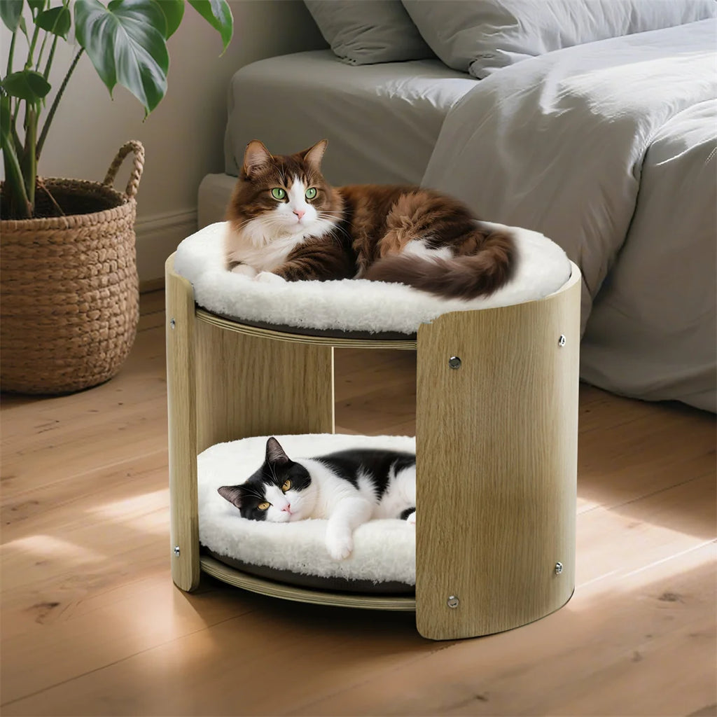 2-Layer Wood Cat Sofa. Double Cat Tower, Pet Bed Furniture with Removable Washable Thicker Soft Plush Mats