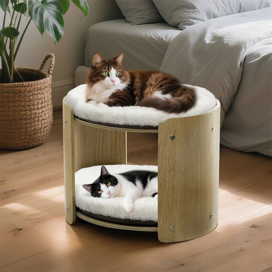 2-Layer Wood Cat Sofa. Double Cat Tower, Pet Bed Furniture with Removable Washable Thicker Soft Plush Mats