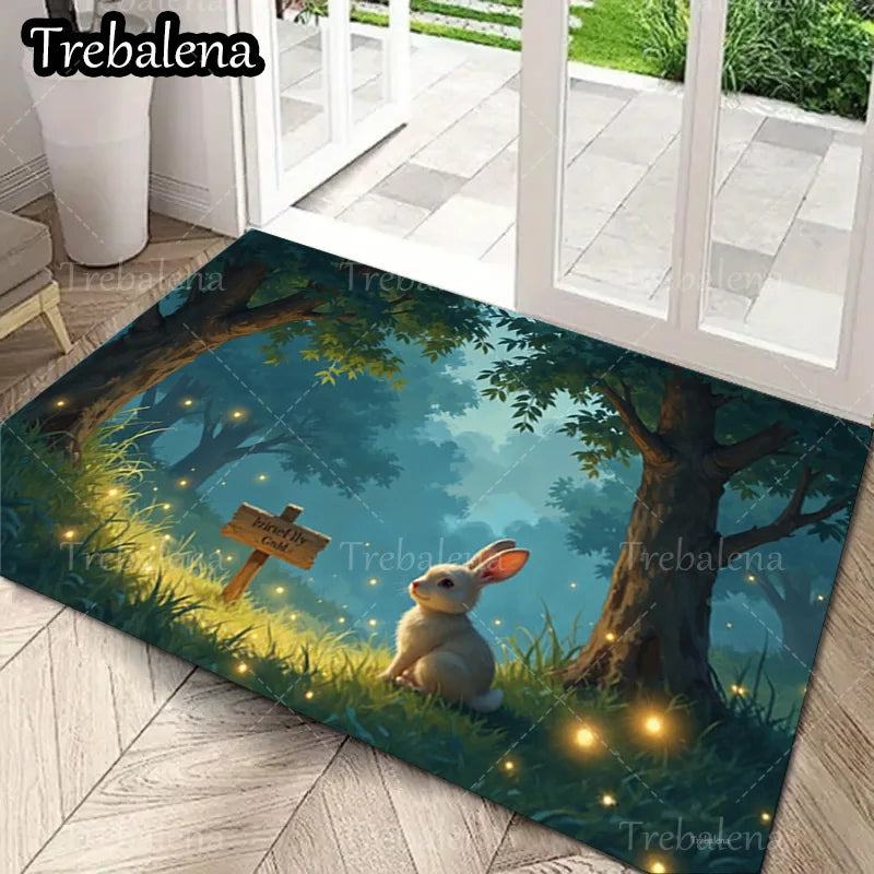 1pc Welcome Door Mat with Enchanted Forest and a Rabbit. Welcome Mat For Home Decor