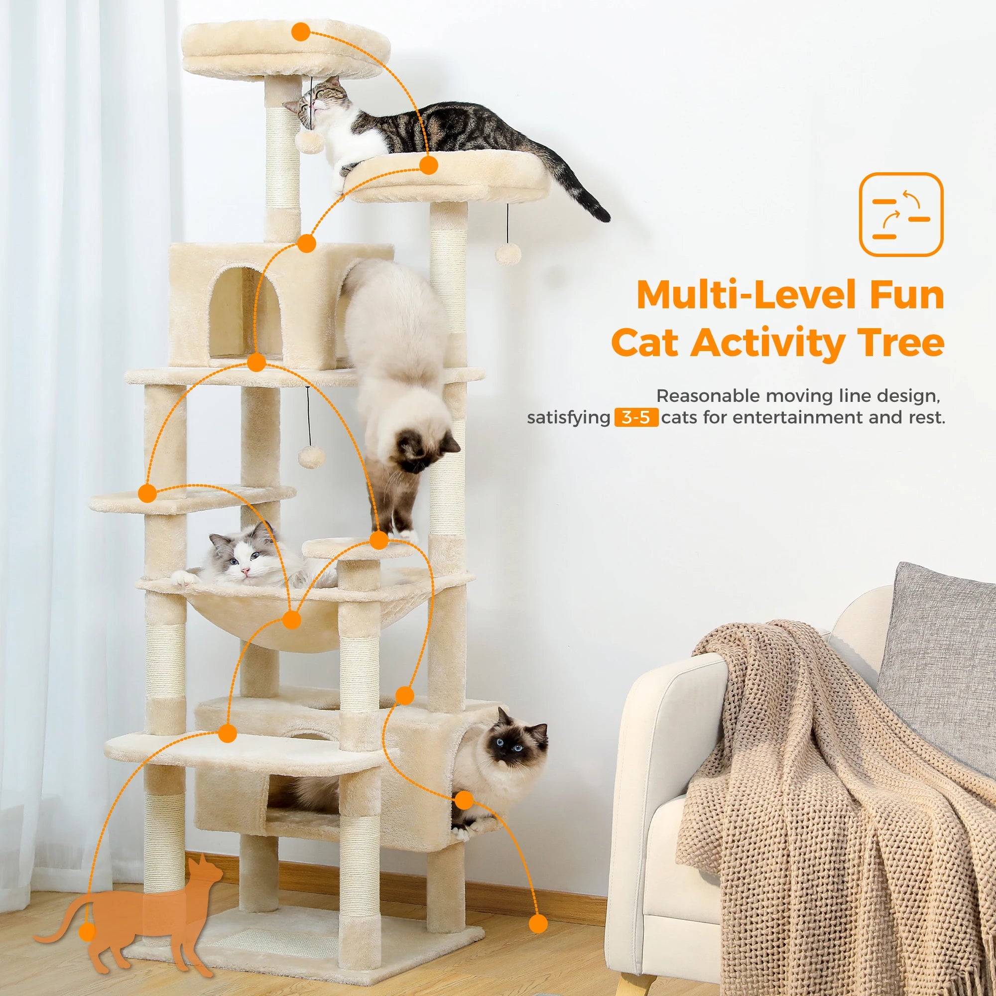 Large Cat Tree and Tower for Indoor Cats With Sisal-Covered Scratching Posts, Spacious Hammock and Padded Perches