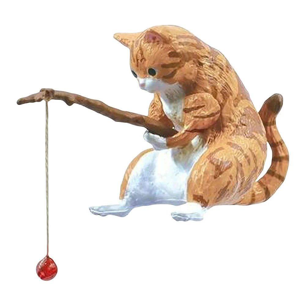 Cute Fishing Cat Figure. Fish Landscaping Cartoon Cat Statue Sitting Fishing Little Cat Ornament Aquarium Decoration