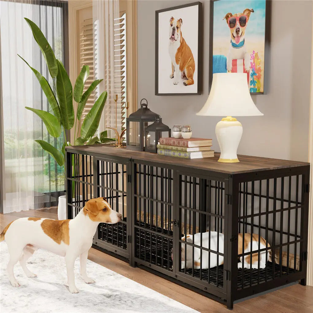 Heavy Duty Metal Wooden Dog Crate End Table with Three Doors and Removable Tray