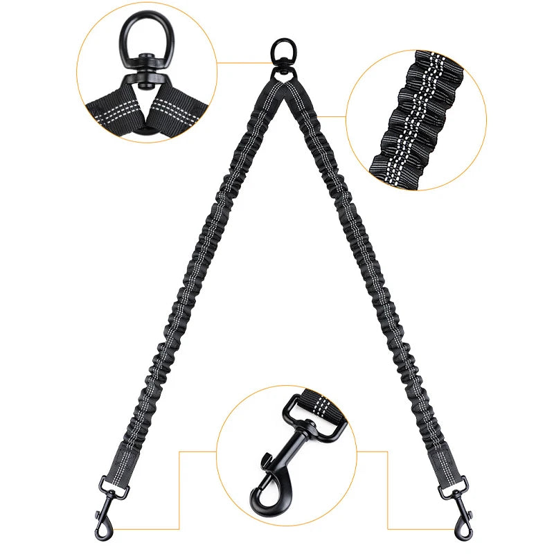 Pet Dog Double Leashes Elastic Rope Two Heads Nylon Two Dogs Collars Harness Leads.
