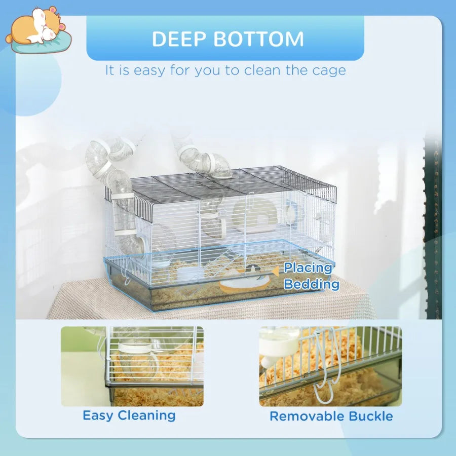 Compact Gerbil or Dwarf Hamster Cage with Tubes Exercise, Wheel, Food Dish and Water Bottle