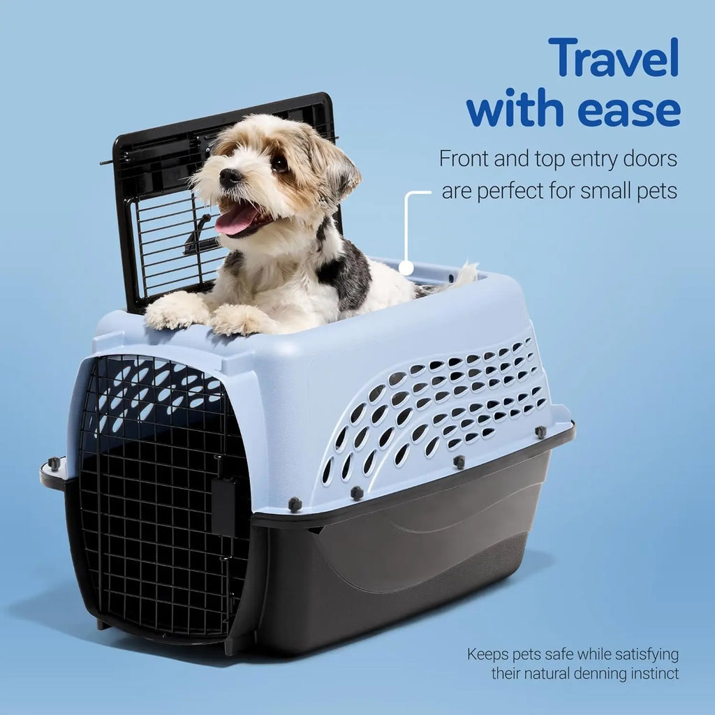 Two-Door Plastic Pet Kennel for Small Dogs & Cats, Top & Front Loading, Airline-Approved, 24" Blue