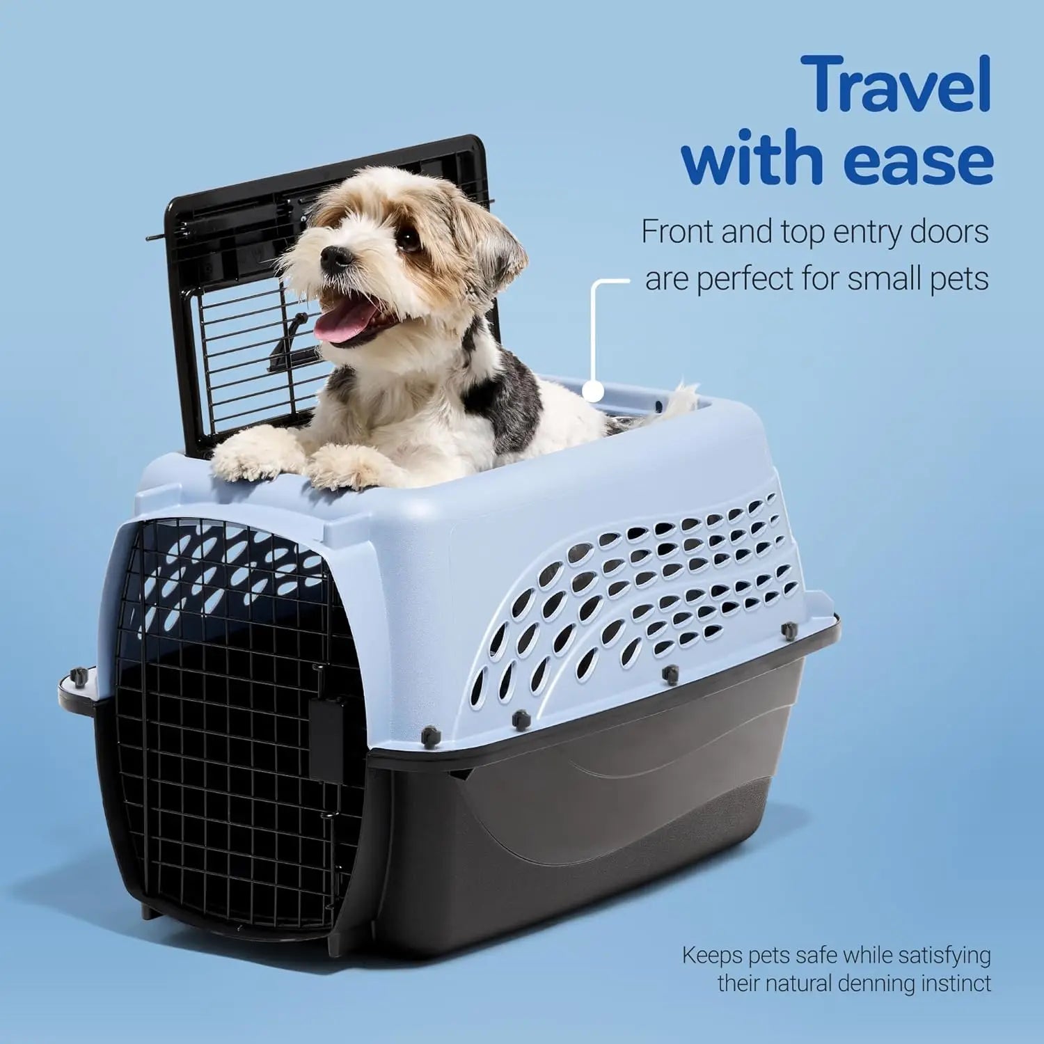 Two-Door Plastic Pet Kennel for Small Dogs & Cats, Top & Front Loading, Airline-Approved, 24" Blue