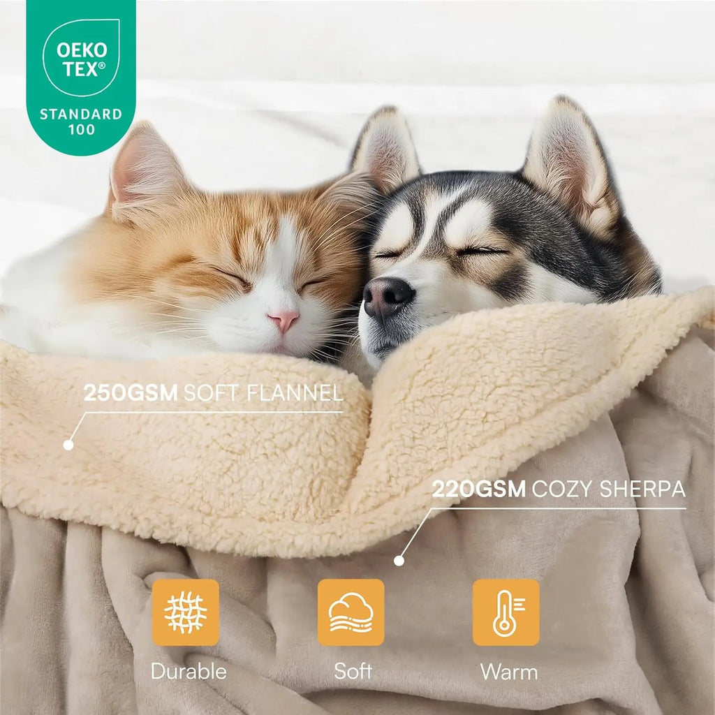 Waterproof Pet Blankets for Dogs and Cats. Reversible Sherpa Fleece Furniture Protector. Dark Beige King Size (100" x 85")