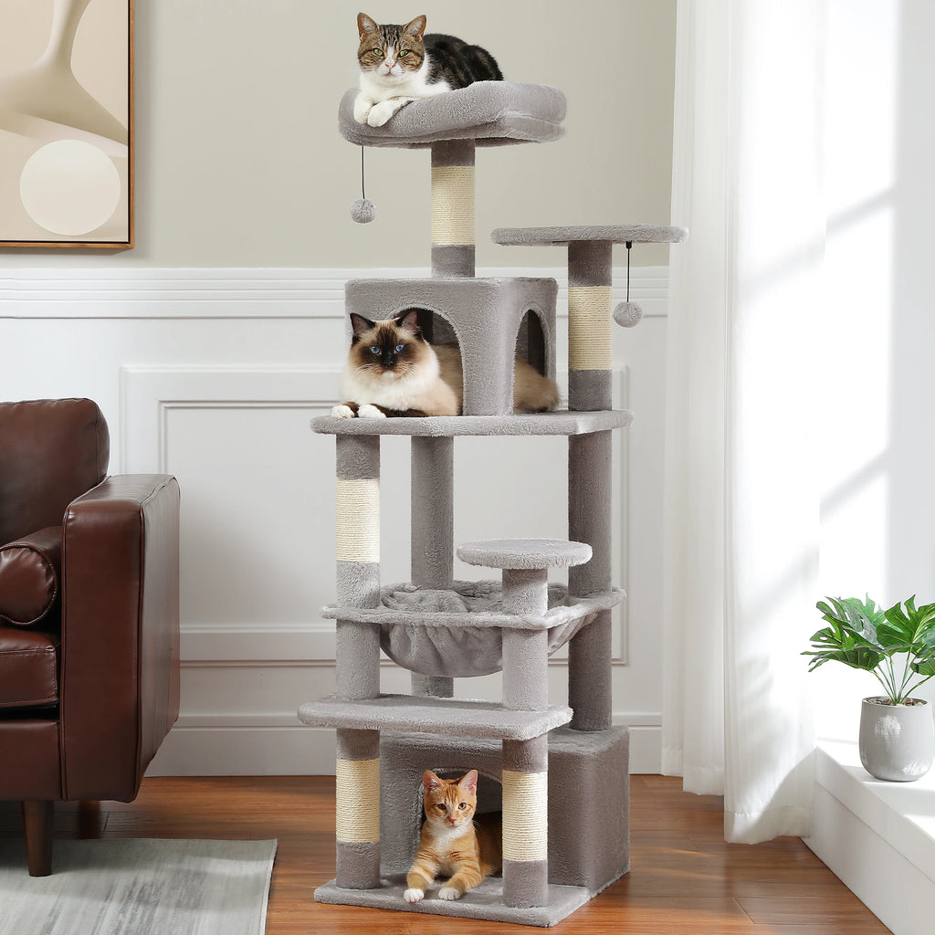 6-levels Cat Tree Tower with Joyful Pompom, Cozy Hammock, Double Condos, 2 Top Perches, 5 Scratching Posts. Perfect for Indoor Cats