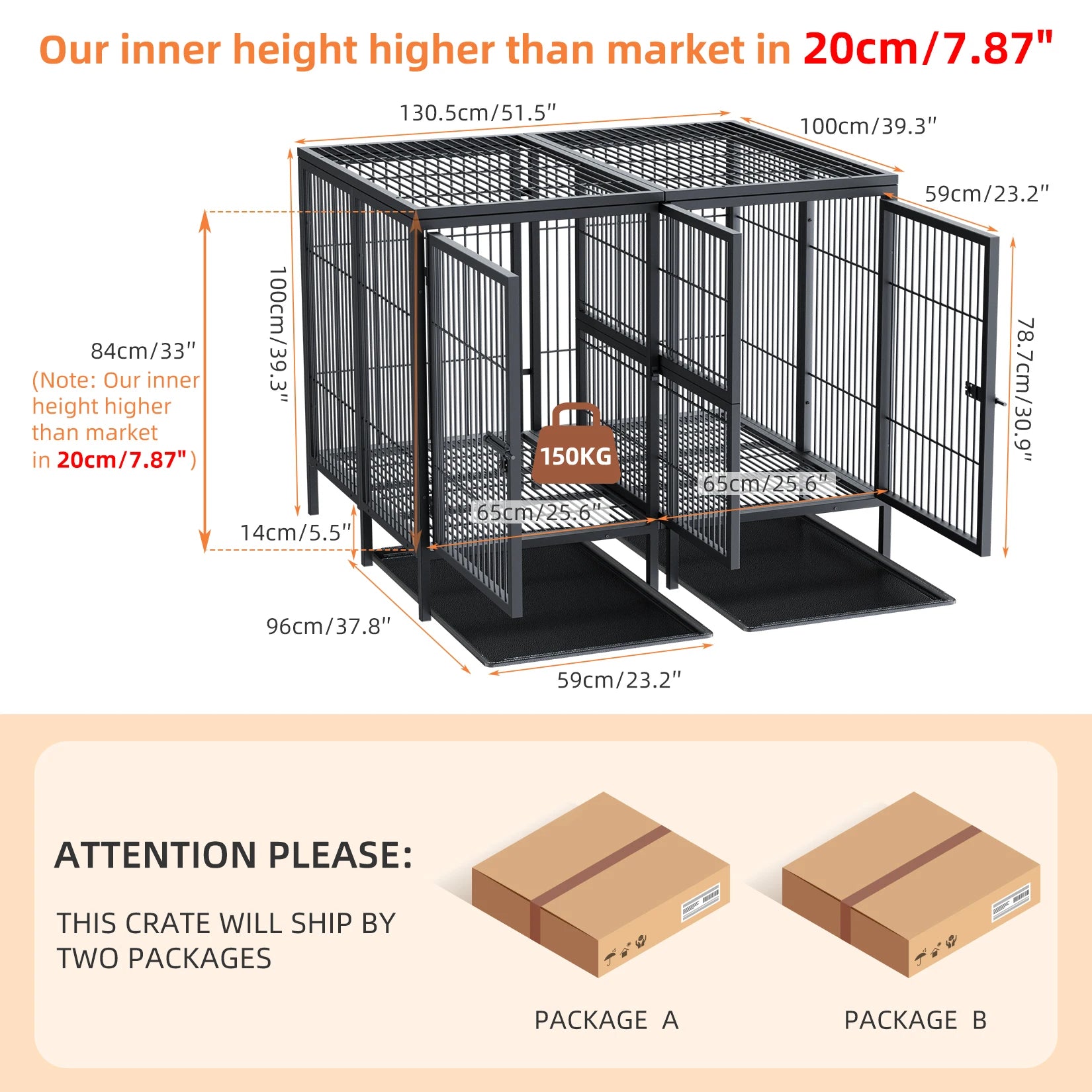 XXXL Large Heavy Duty Raised Dog Metal Crate. Pet Playpen Kennel Partition for 2 Dogs Double Door Tray Divider