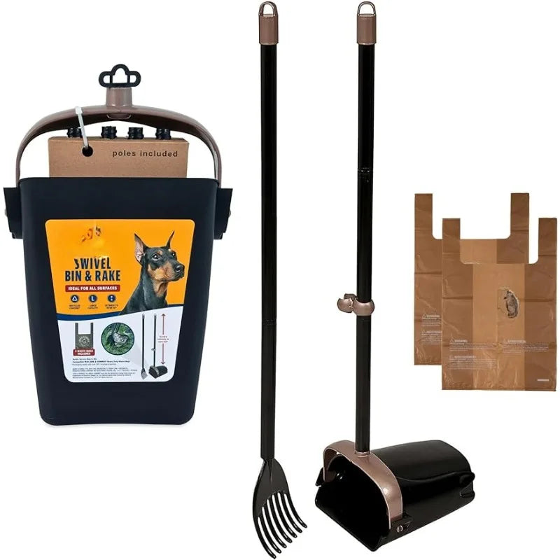 Pooper Scooper Swivel Bin & Rake. Dog Poop Scooper, Black (2 Scented Waste Bags Included)