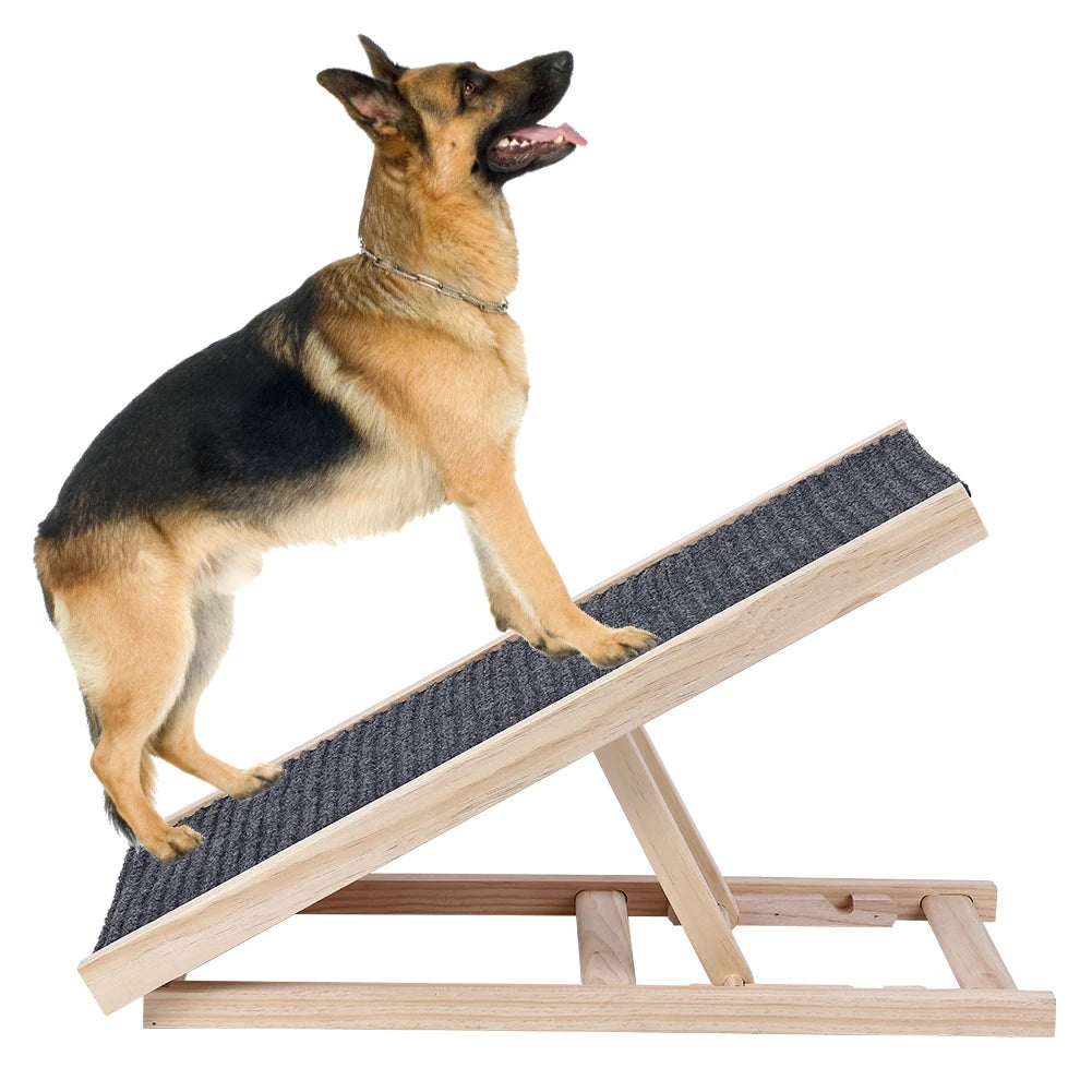 Dog Wooden Ramp with Adjustable Height. Folding Portable Ramp with Anti-Skid and Wear-Resistant Horizontal Slope Surface