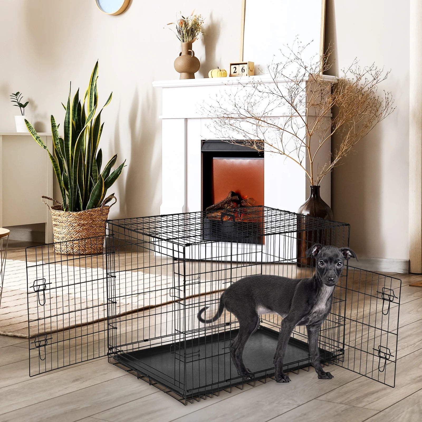 48 Inch Double Door Folding Metal Wire Dog Cage with Plastic Leak-Proof Pan