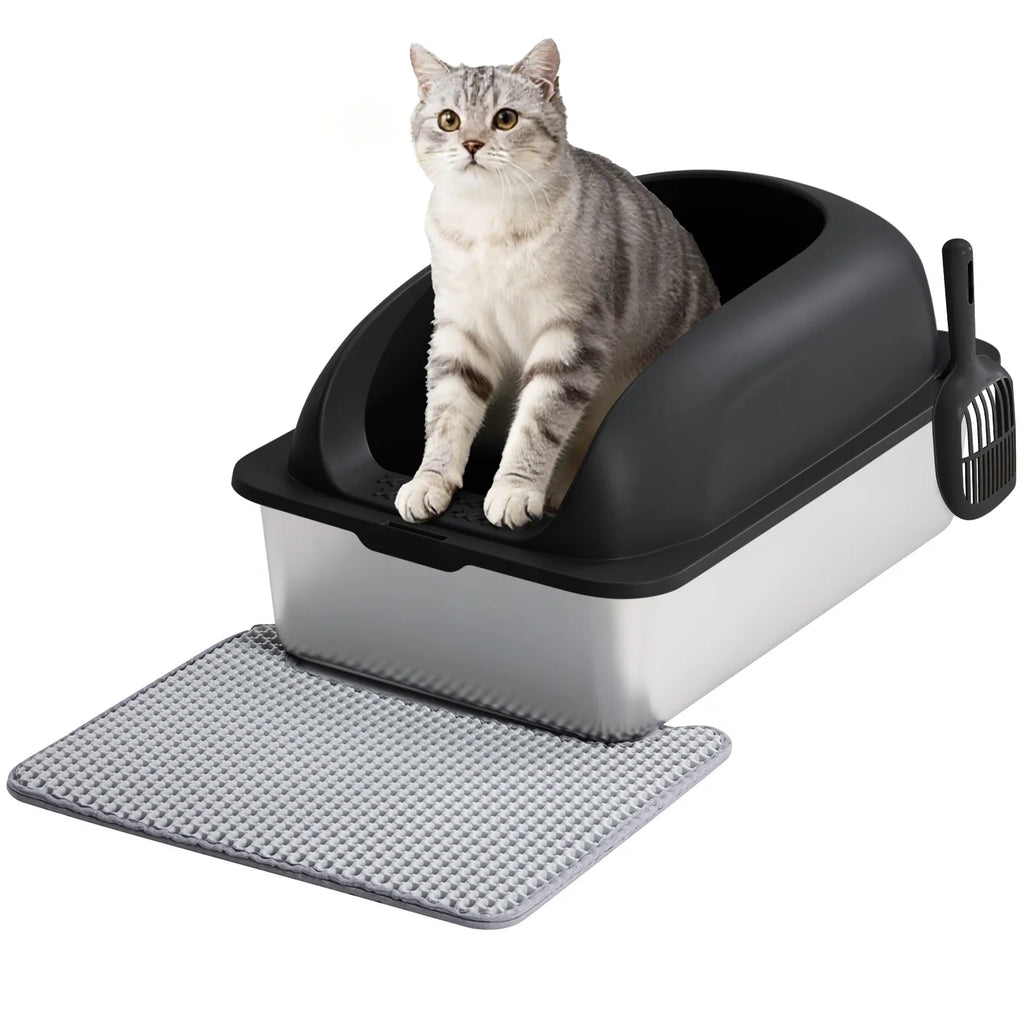 Stainless 24IN Steel Cat Litter Box with Lid. Anti-Urine Leakage, Scoop and Mat Included