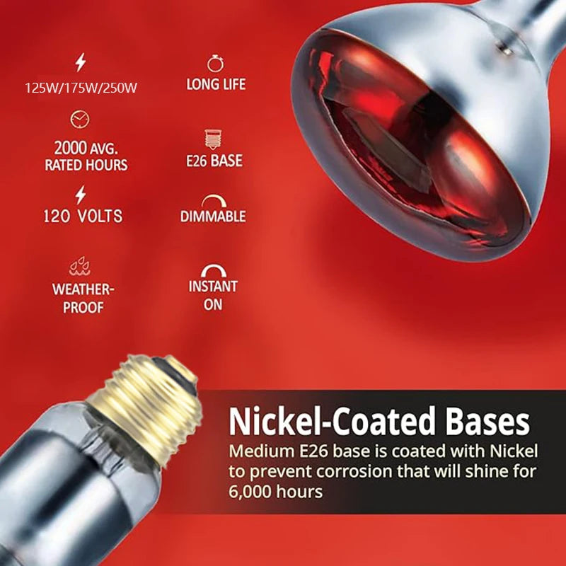 Quartz glass waterproof and explosion-proof E26 E27 Red R40 Infrared Heat Lamp, available in 100W, 150W, 200W, 250W, 275W