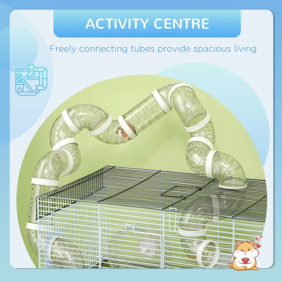 Compact Gerbil or Dwarf Hamster Cage with Tubes Exercise, Wheel, Food Dish and Water Bottle