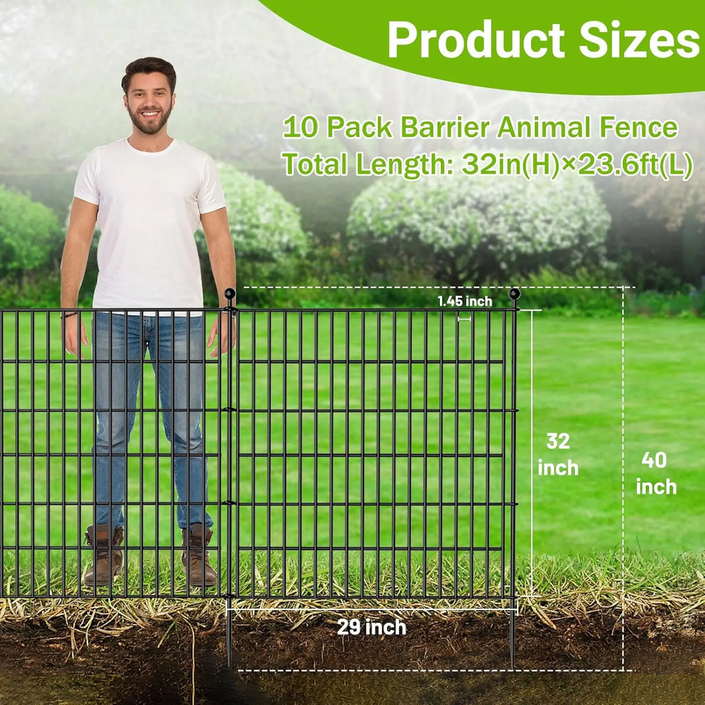 10-Panel No-Dig Metal Garden Fence. 32"H x 23.6'L. Rustproof Animal Barrier