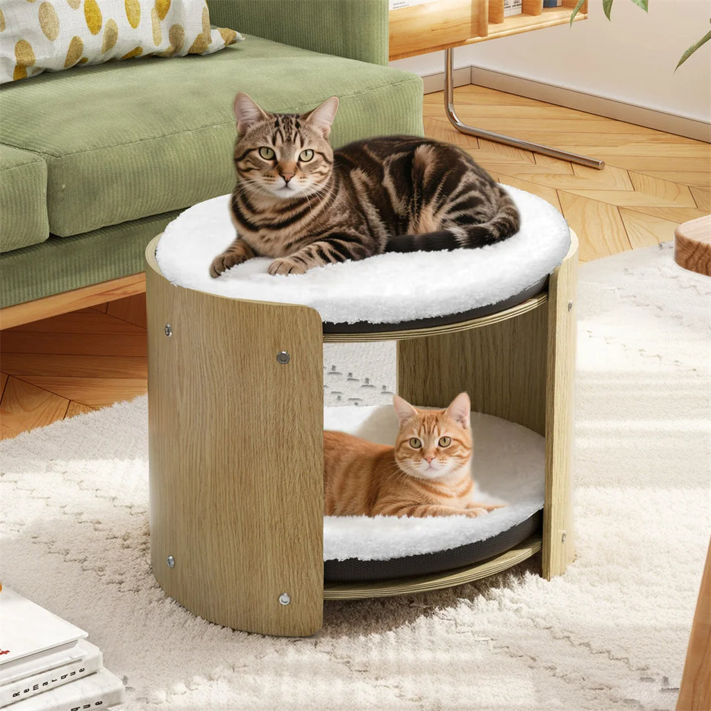 2-Layer Wood Cat Sofa. Double Cat Tower, Pet Bed Furniture with Removable Washable Thicker Soft Plush Mats