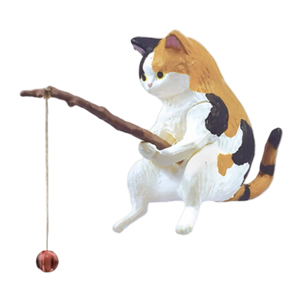 Cute Fishing Cat Figure. Fish Landscaping Cartoon Cat Statue Sitting Fishing Little Cat Ornament Aquarium Decoration