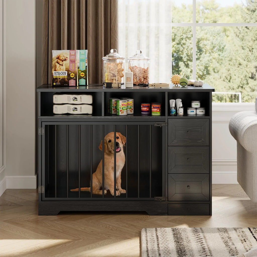 48 Inch Large Farmhouse Wooden Dog Crate Furniture With 6 Storage Drawers