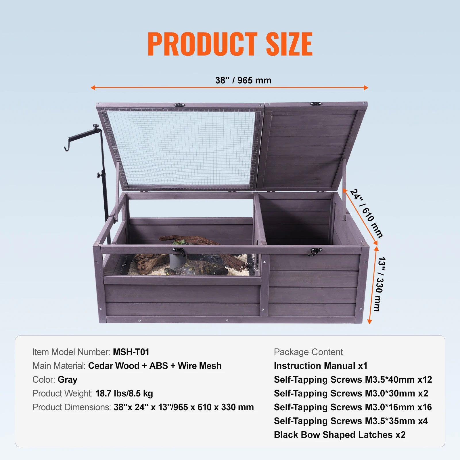 Wooden Tortoise House with Adjustable Lamp Holder. Reptile Enclosure