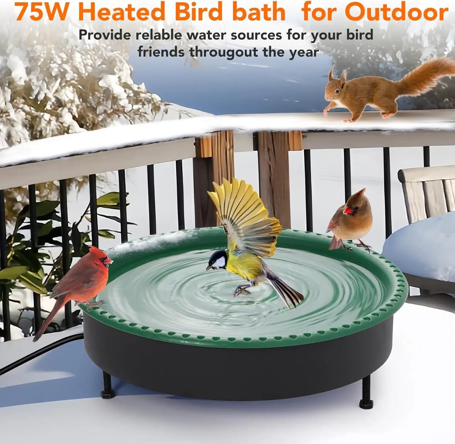 2-in-1 Heated Bird Bath with Thermostat, 100W for Outdoor Winter Use, Green