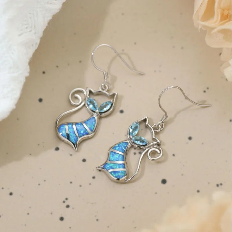 Silver and Blue Opal Cat Stud Earrings