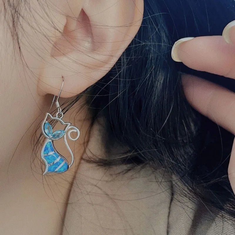Silver and Blue Opal Cat Stud Earrings