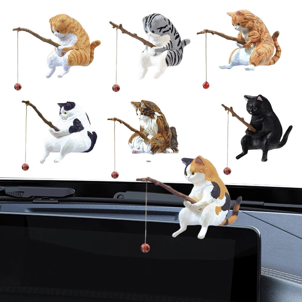 Cute Fishing Cat Figure. Fish Landscaping Cartoon Cat Statue Sitting Fishing Little Cat Ornament Aquarium Decoration