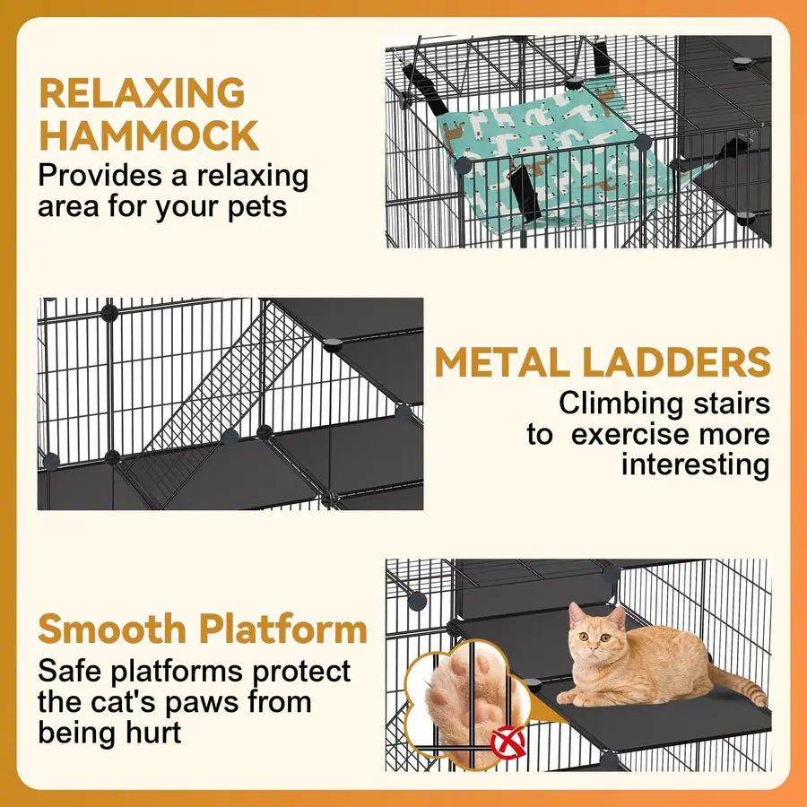 Cage, 3Tier DIY Cat Enclosures. Cat Playpen Indoor and Outdoor with Hammock. Detachable Metal Wire Kennel