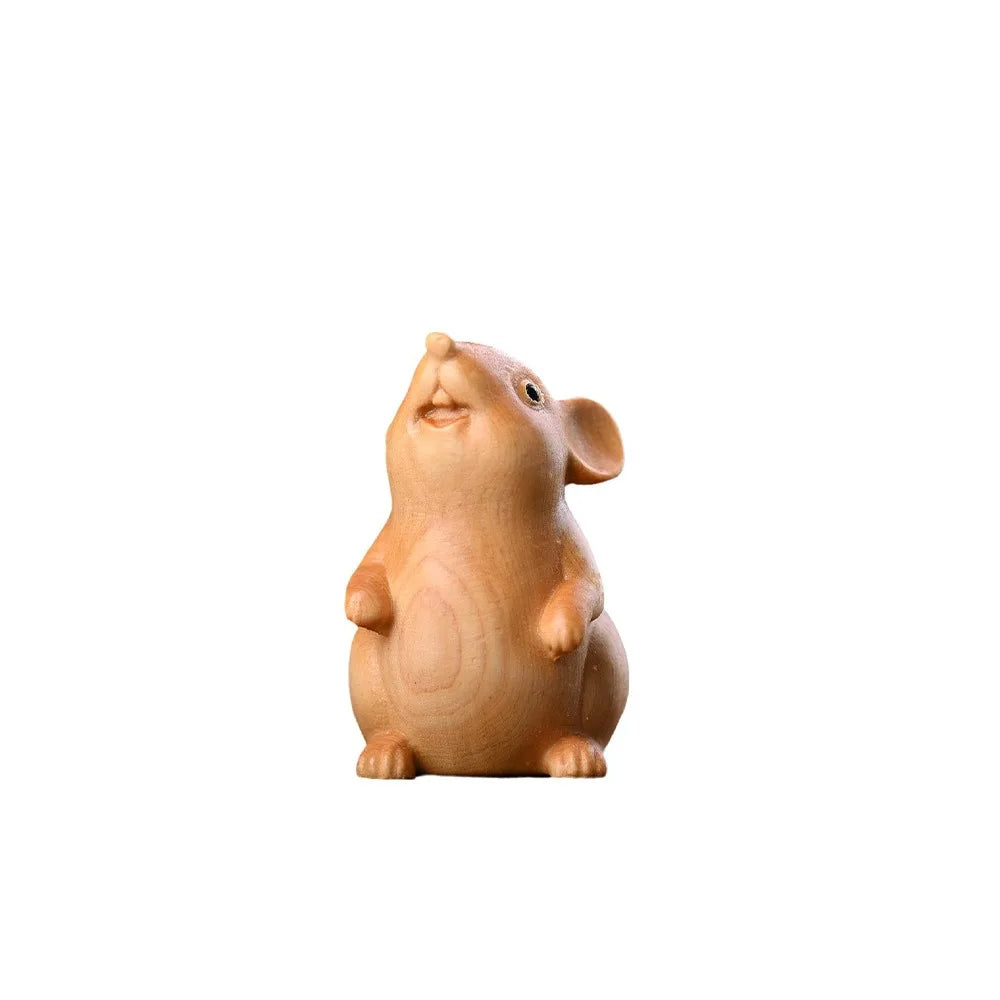 Wood Carved Zodiac Mouse Statuette. Cute Decorative Hamster Statue