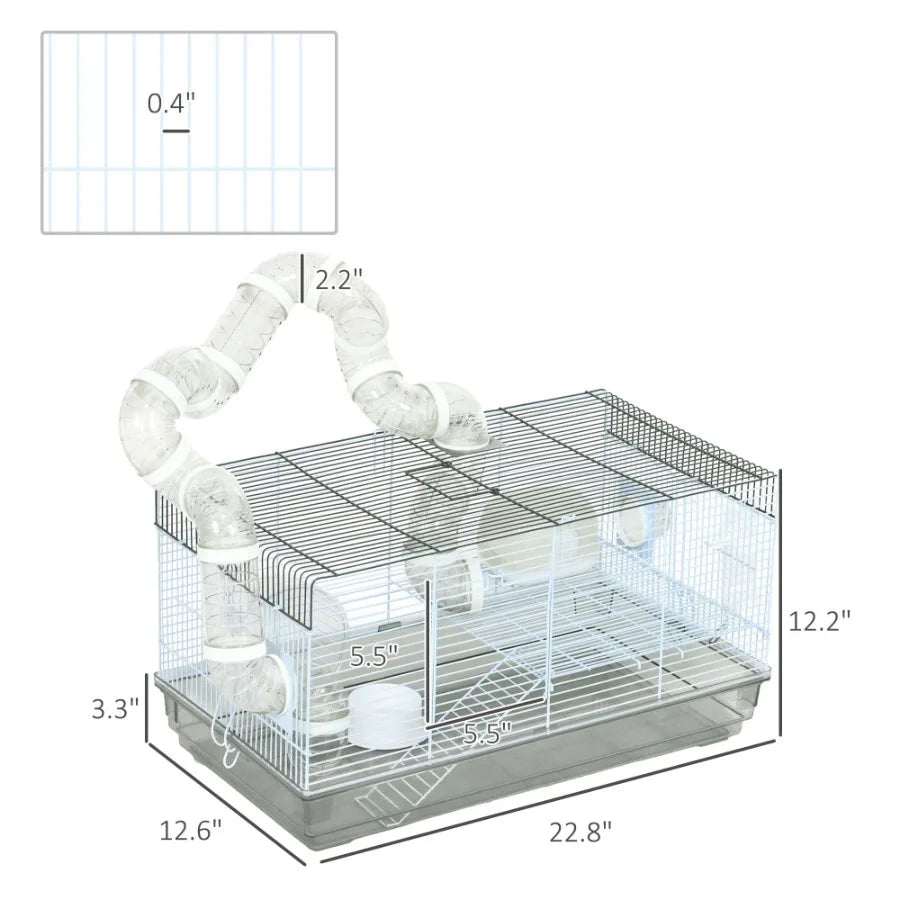 Compact Gerbil or Dwarf Hamster Cage with Tubes Exercise, Wheel, Food Dish and Water Bottle
