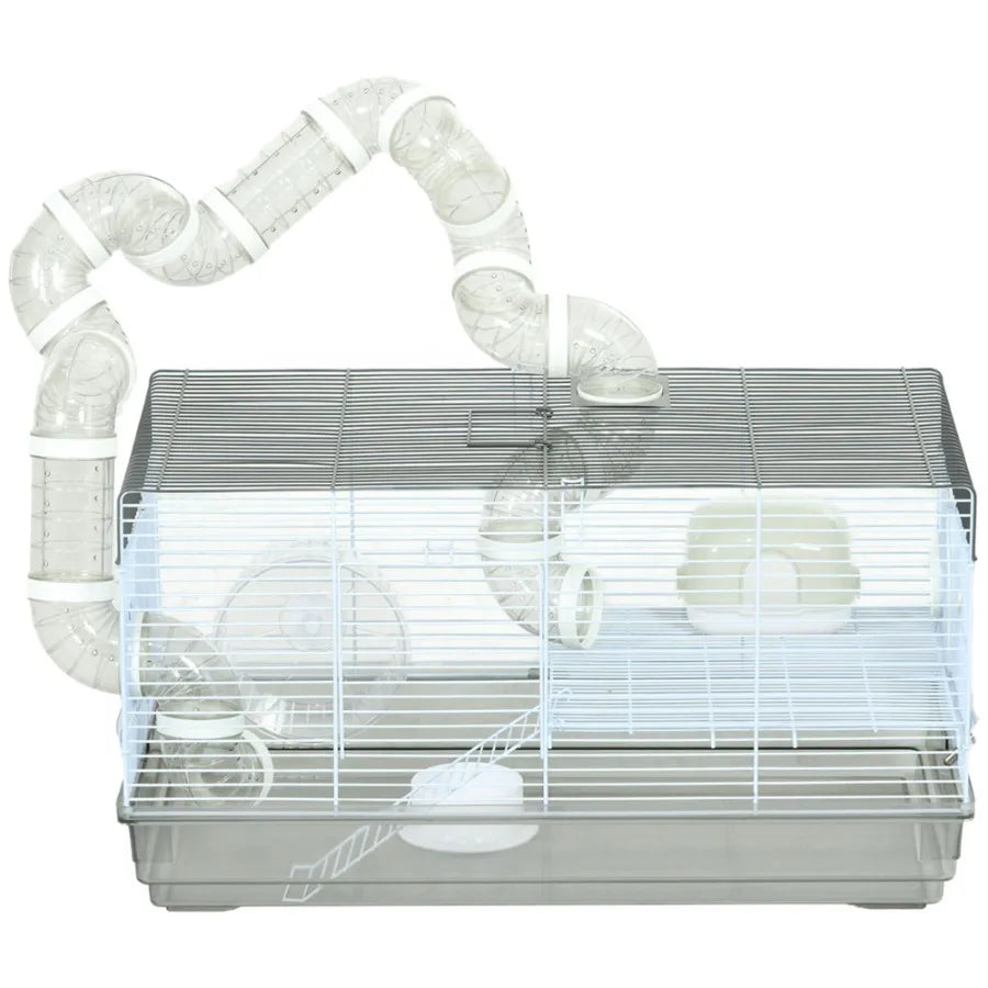 Compact Gerbil or Dwarf Hamster Cage with Tubes Exercise, Wheel, Food Dish and Water Bottle
