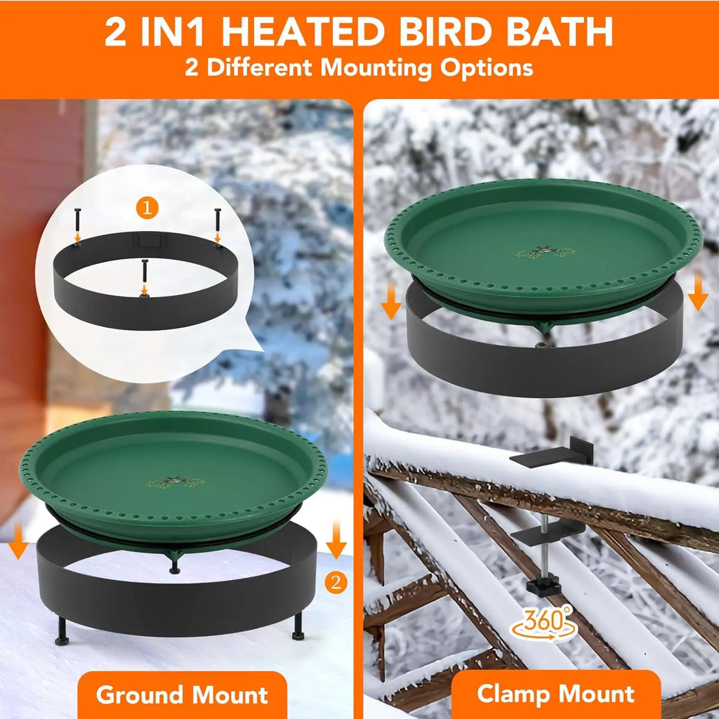 2-in-1 Heated Bird Bath with Thermostat, 100W for Outdoor Winter Use, Green