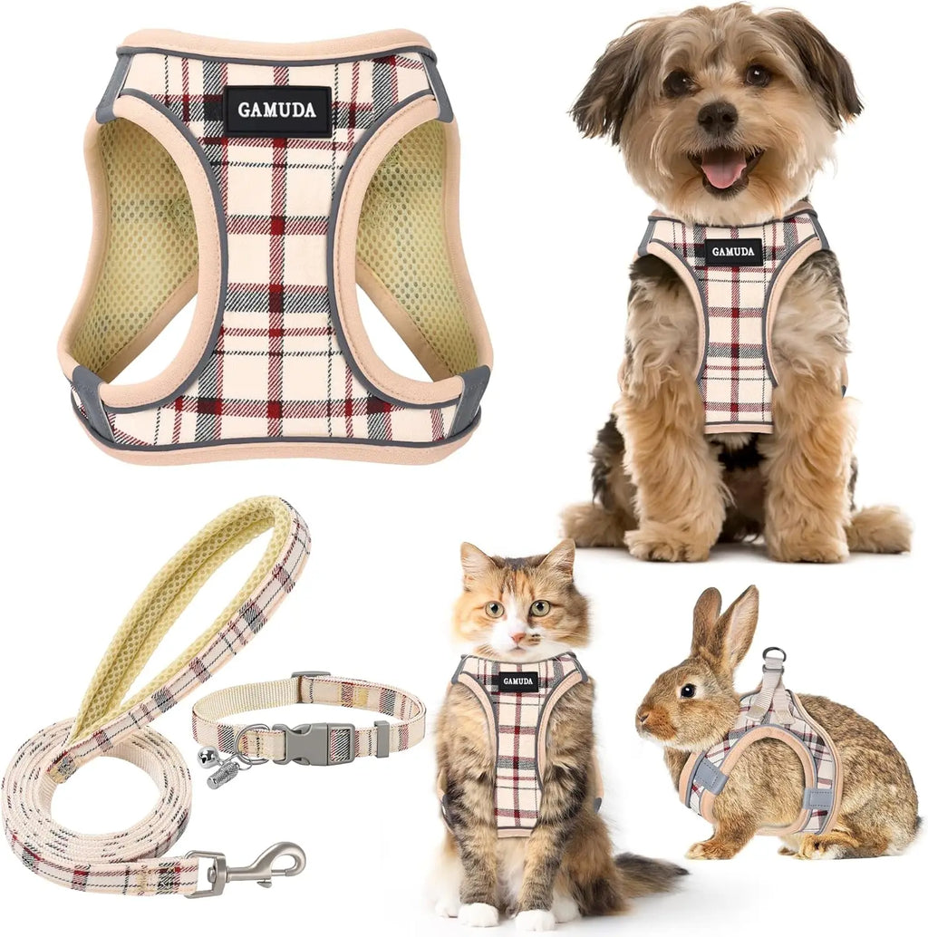 Small Pet Harness Collar and Leash Set. Step-in No Pull Adjustable Mesh Vest with Reflective Plaid for Puppy's, Cats and Rabbits