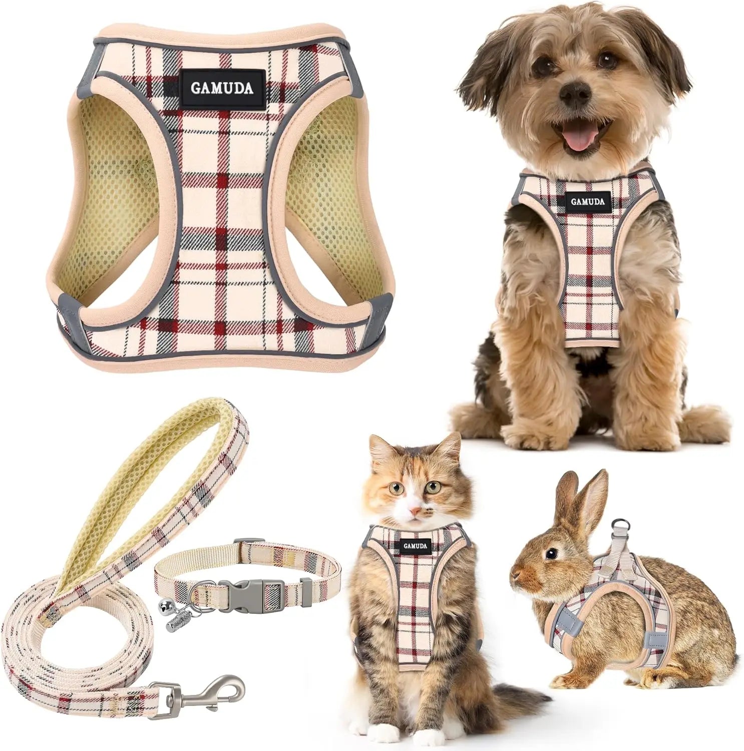 Small Pet Harness Collar and Leash Set. Step-in No Pull Adjustable Mesh Vest with Reflective Plaid for Puppy's, Cats and Rabbits