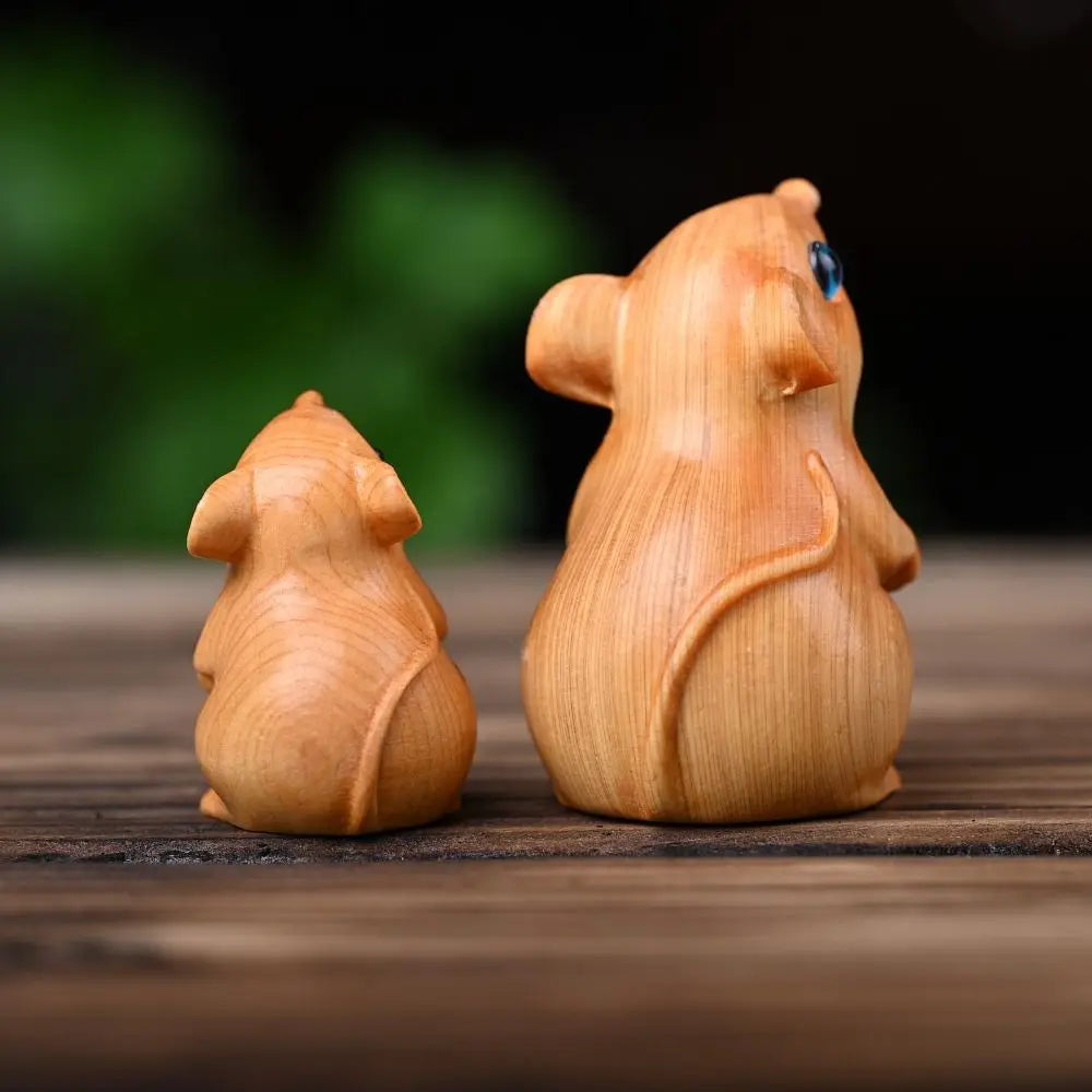 Wood Carved Zodiac Mouse Statuette. Cute Decorative Hamster Statue