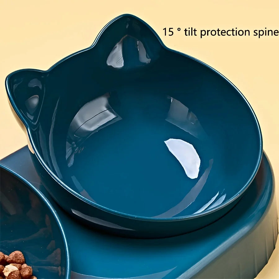 3 In 1 Ear Design Tilted Cat Water And Food Bowl Set With Gravity Water Bottle For Neck Protection