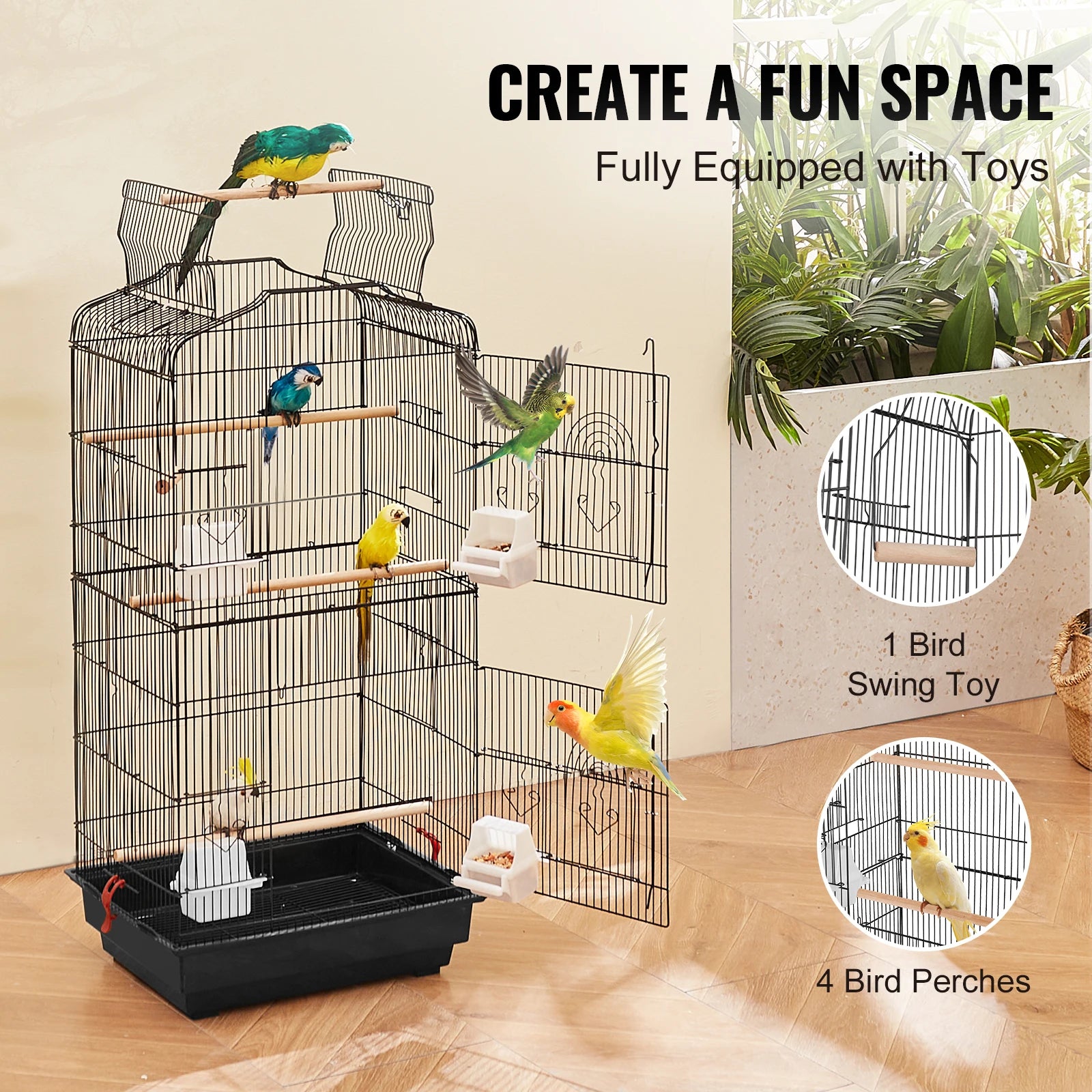 Open Top Large Bird Cage with Swing and Perch