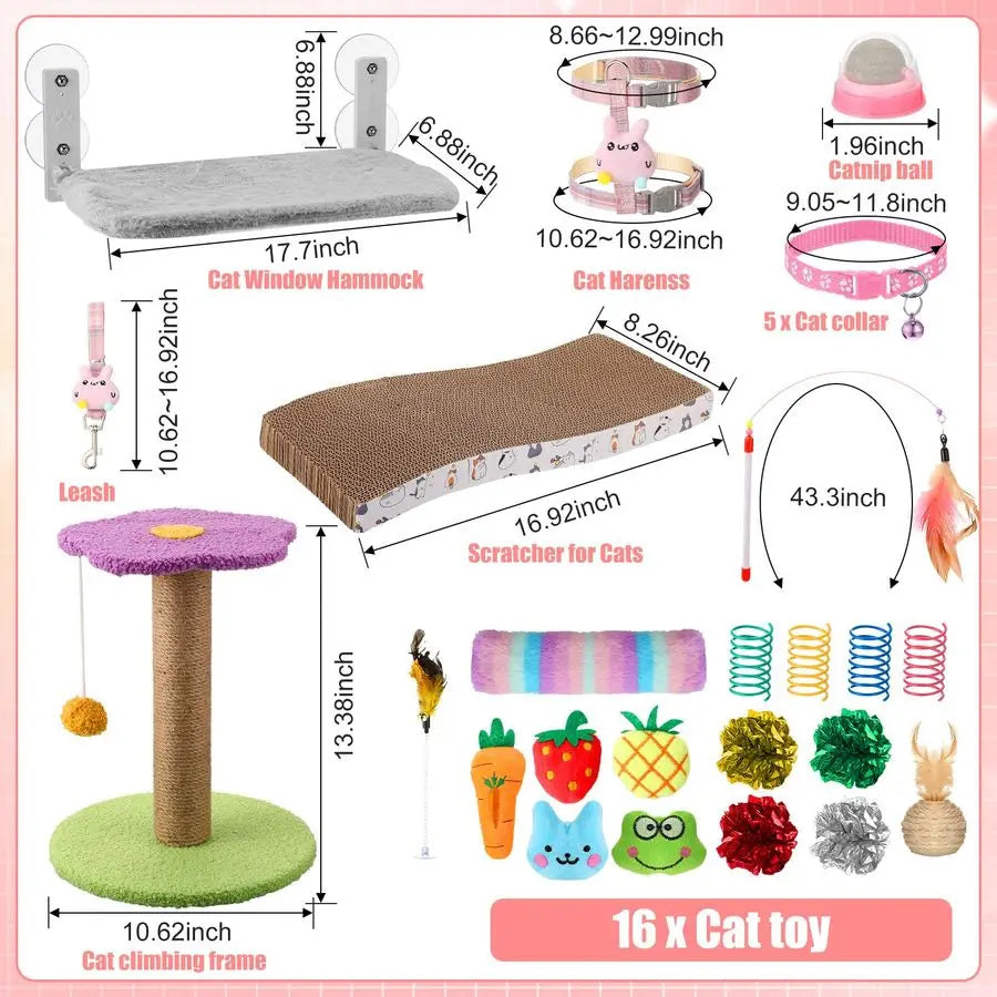 Kitten Starter Kit for Indoor Cats Include Cat Litter Box Toys, Hammock, Bed Scratch Pad, Climbing Post, Feed Bowls, Mat