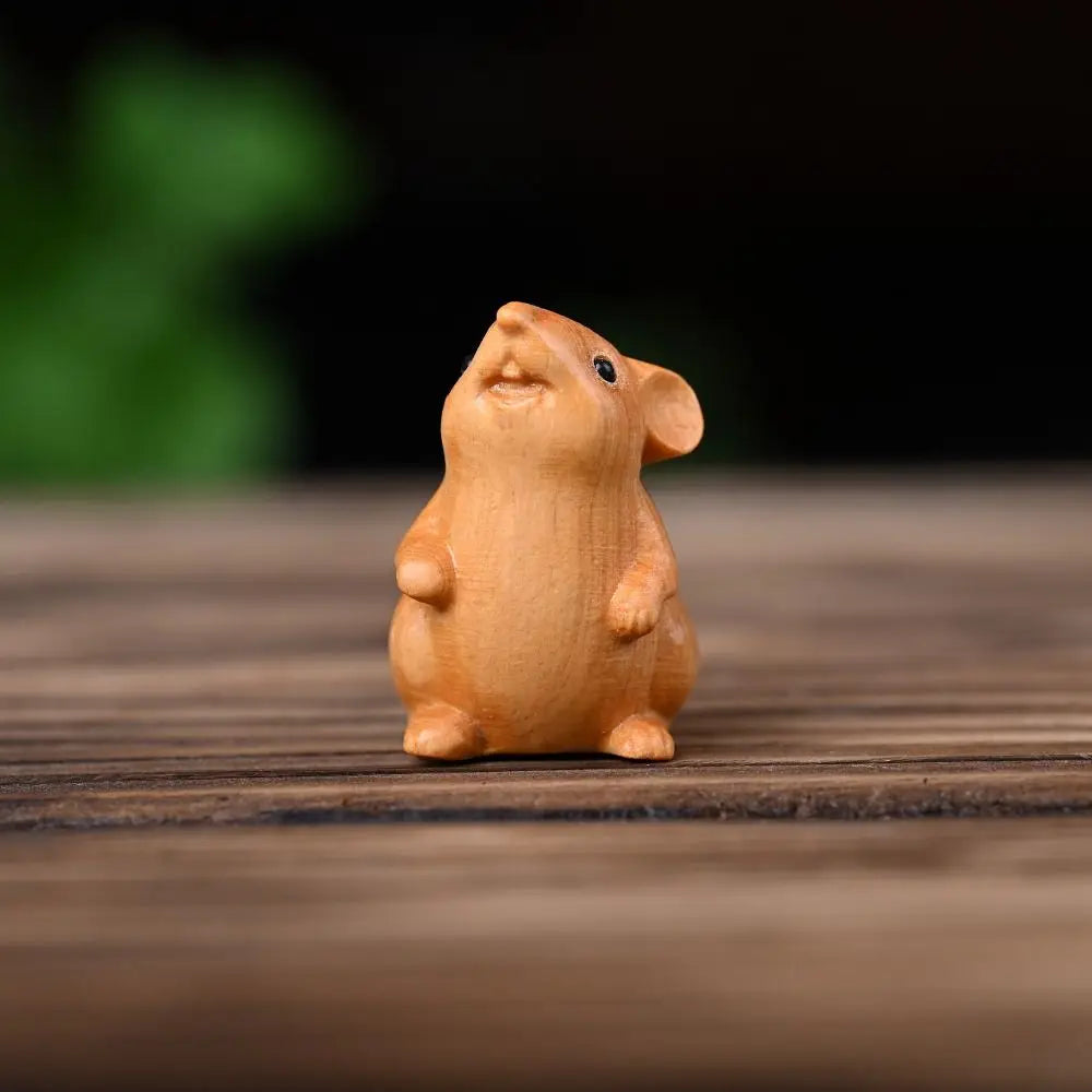 Wood Carved Zodiac Mouse Statuette. Cute Decorative Hamster Statue