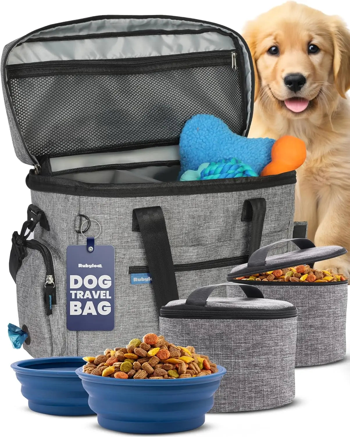 Dog Travel Bag with Collapsible Bowls & Food Containers - Grey, Perfect Gift for Pet Owners