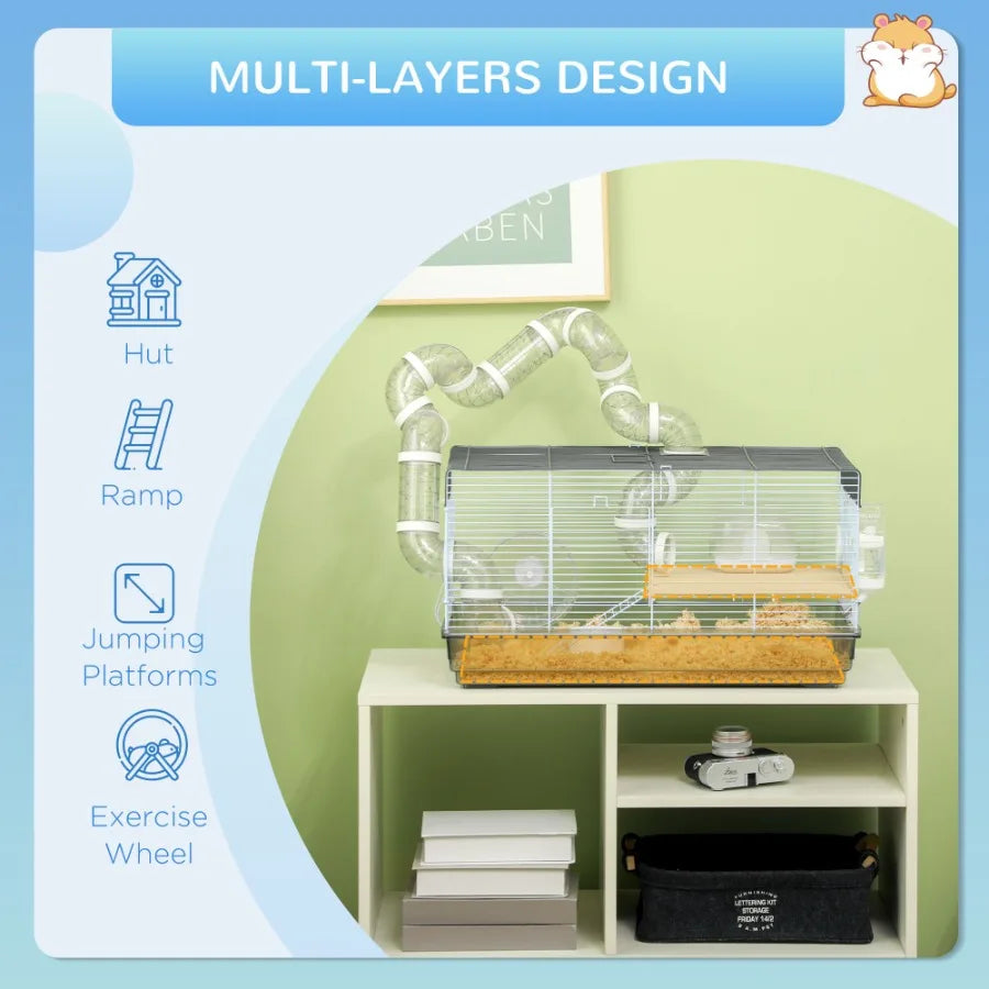 Compact Gerbil or Dwarf Hamster Cage with Tubes Exercise, Wheel, Food Dish and Water Bottle