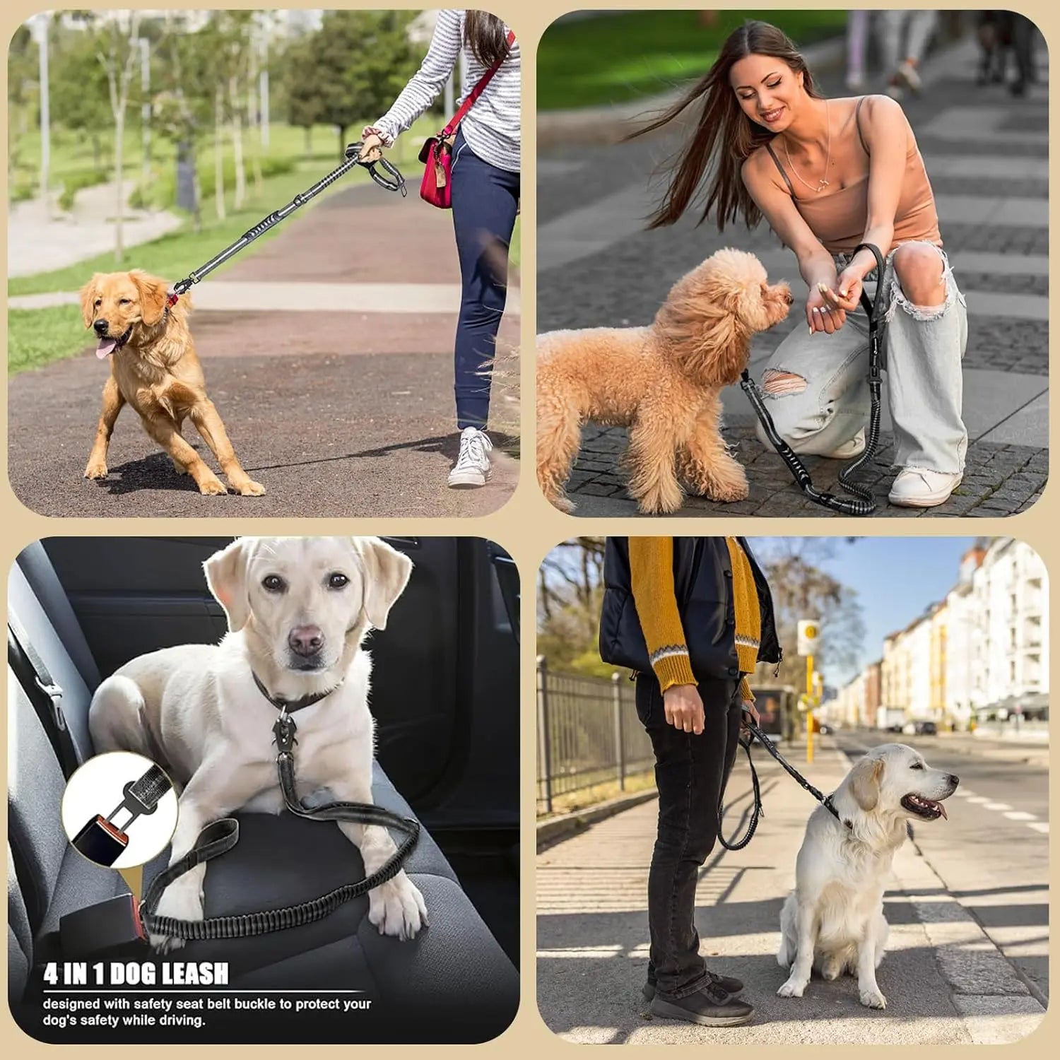 Reflective Shock Absorbing Pet Leashes with Car Seatbelt for Large Dogs