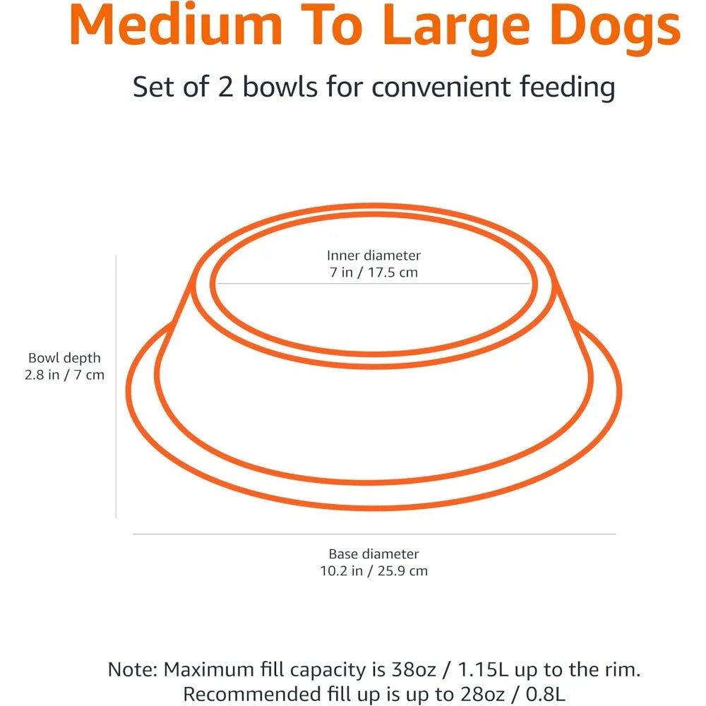 Stainless steel non-slip pet water/food bowls. 2-pack (10 x 2.8 inches), each with a capacity of up to 38 ounces.